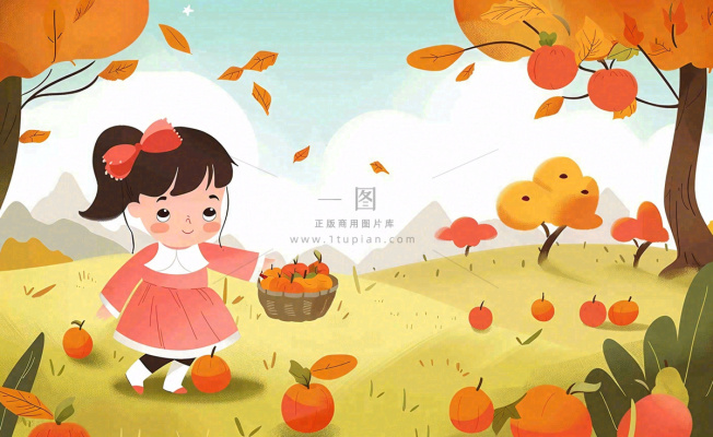 秋天摘水果的女孩果树落叶秋分立秋卡通插画背景 秋天摘水果的女孩果树落叶秋分立秋卡通插画背景