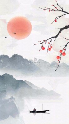 中国风山水秋冬柿子树霜降插画背景 中国风山水秋冬柿子树霜降插画背景