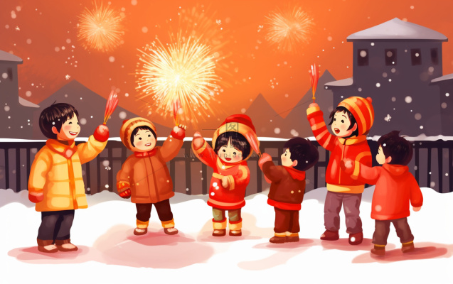 新年除夕夜烟花爆竹儿童玩乐喜庆卡通插画背景
