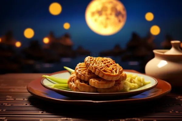 中秋月圆夜晚下餐桌上的美食月饼摄影图