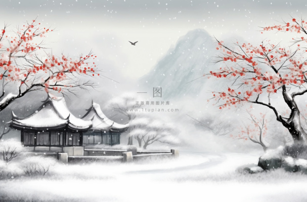 冬季山水梅花山峰水墨画中国风插画背景 冬季山水梅花山峰水墨画中国风插画背景