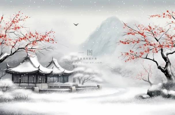 冬季山水梅花山峰水墨画中国风插画背景 冬季山水梅花山峰水墨画中国风插画背景