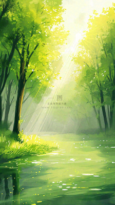 夏日森林丛林阳光绿色河面草丛树木手绘插画，夏至小暑大暑