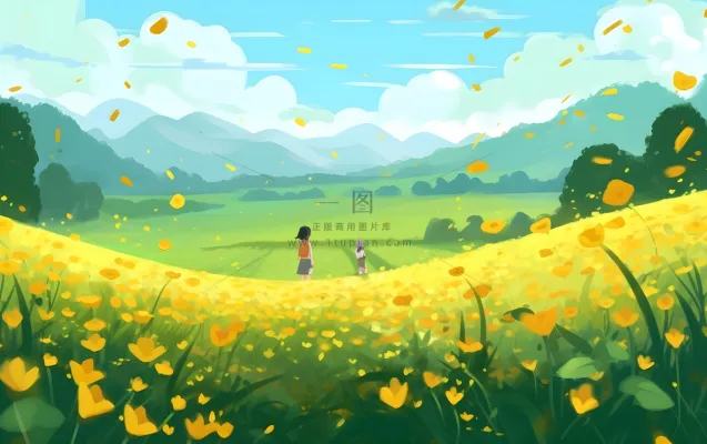 蓝天白云草坪草原人物黄色花朵手绘插画海报素材背景