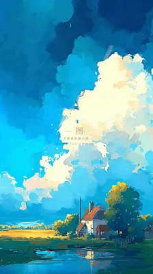 春天乡村河流倒影草地蓝天白云小屋手绘插画 春天乡村河流倒影草地蓝天白云小屋手绘插画