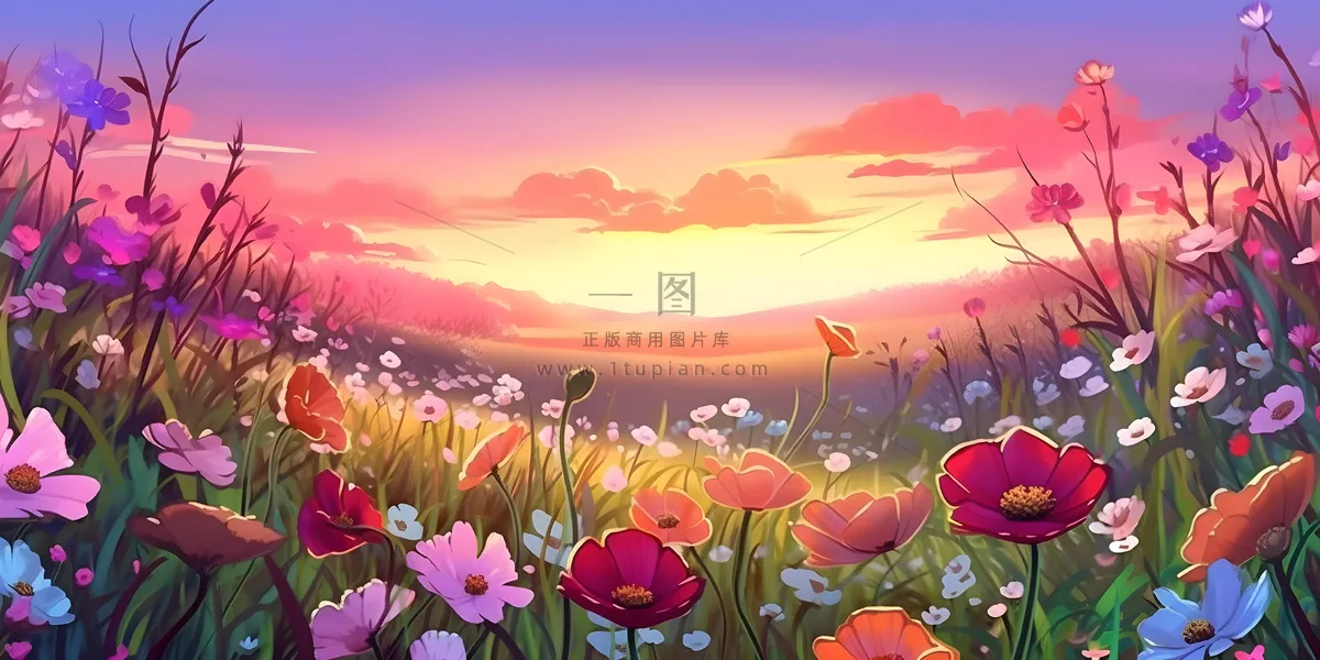 春天夕阳花丛草丛森林手绘插画海报素材背景