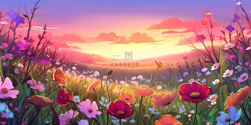 春天夕阳花丛草丛森林手绘插画海报素材背景 春天夕阳花丛草丛森林手绘插画海报素材背景