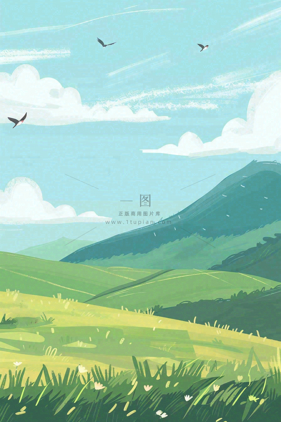 春天春暖花开草原蓝天白云燕子惊蛰春分卡通插画背景