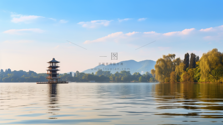 湖面远处的建筑塔树木摄影图