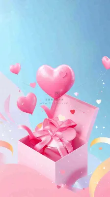 粉色立体爱心气球礼盒惊喜浪漫情人节七夕插画背景