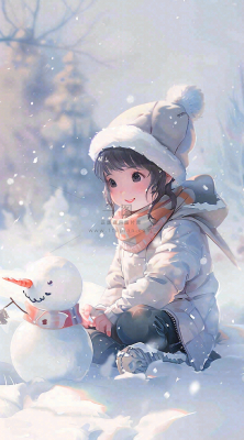 冬季白雪地堆雪人的小女孩可爱唯美大雪小雪冬至卡通插画背景