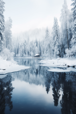雪天森林深处的湖边小木屋摄影图