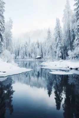 雪天森林深处的湖边小木屋摄影图