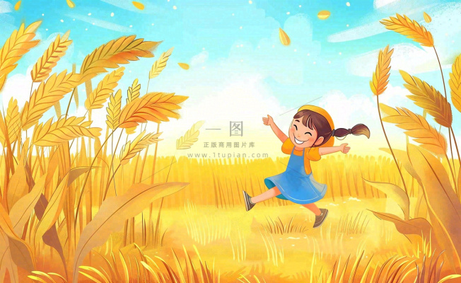秋天丰收季麦田农田麦穗儿童嬉戏游玩芒种立秋处暑秋分卡通插画背景