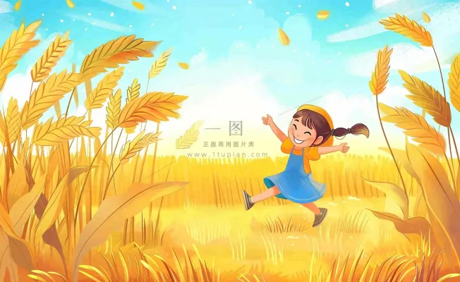 秋天丰收季麦田农田麦穗儿童嬉戏游玩芒种立秋处暑秋分卡通插画背景 秋天丰收季麦田农田麦穗儿童嬉戏游玩芒种立秋处暑秋分卡通插画背景