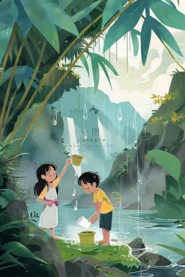 夏天孩子们在森林丛林小溪玩水嬉水处暑夏至卡通插画背景 夏天孩子们在森林丛林小溪玩水嬉水处暑夏至卡通插画背景