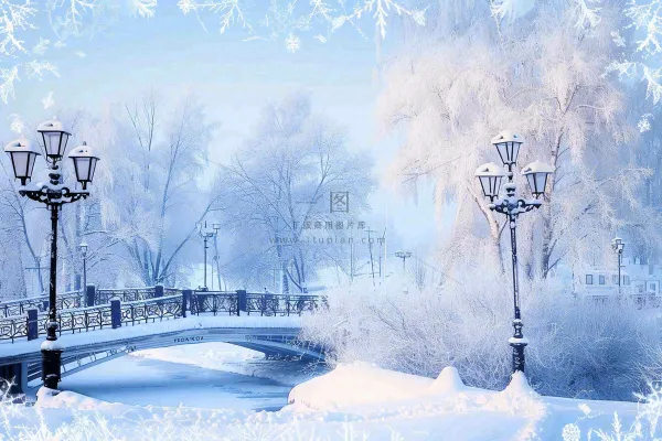 冬天白雪皑皑雪景河流街道路灯桥小雪大雪冬至雪花背景