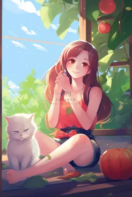美丽少女坐着窗边和猫咪玩耍水果卡通插画素材背景