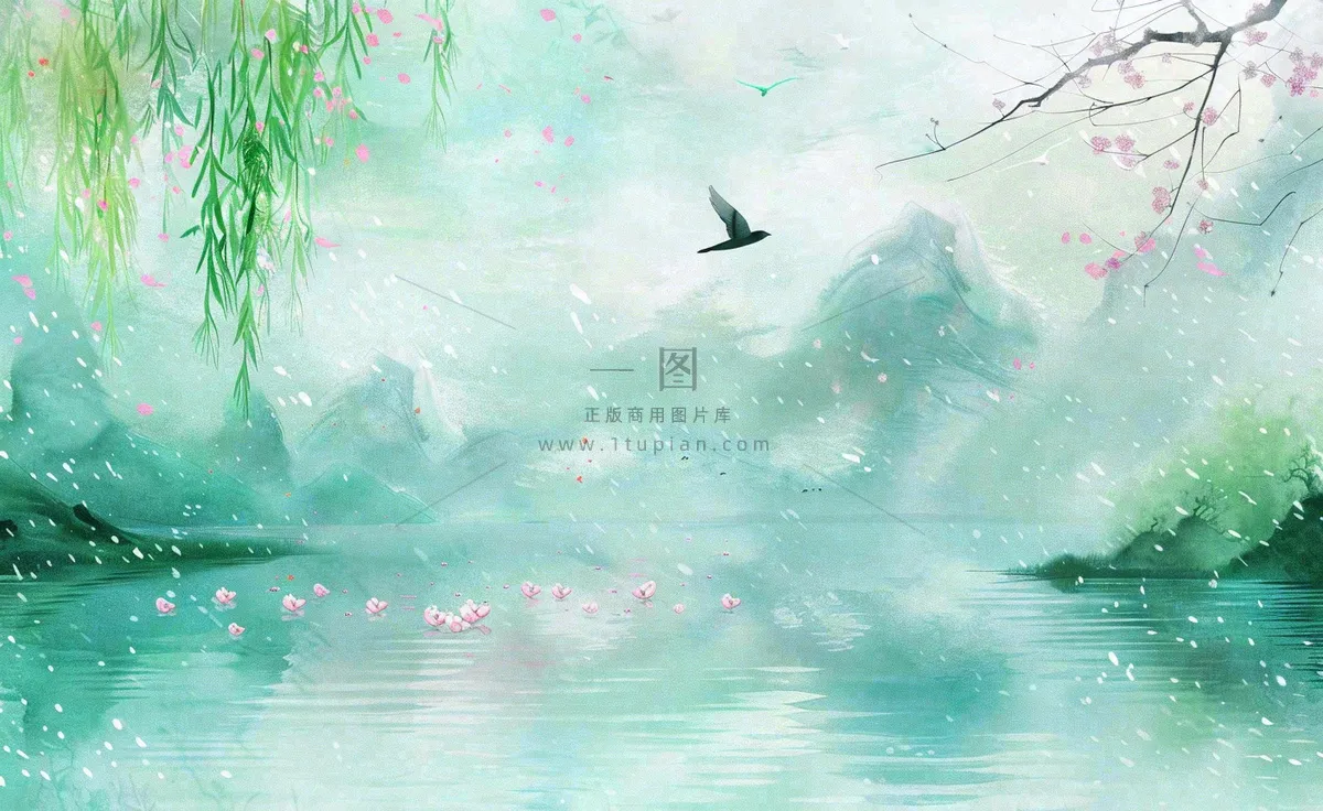 春天桃花柳树燕子清明山水国画中国风古风水雨水谷雨背景