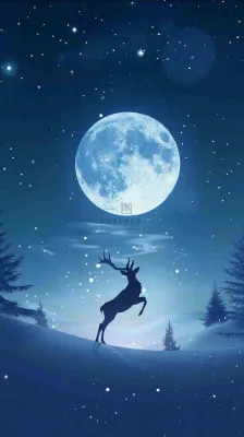 夜晚蓝色星空下的月亮麋鹿跃起平安夜插画背景 夜晚蓝色星空下的月亮麋鹿跃起平安夜插画背景