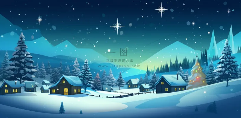 冬季雪天圣诞小镇装饰夜晚节日氛围卡通插画背景