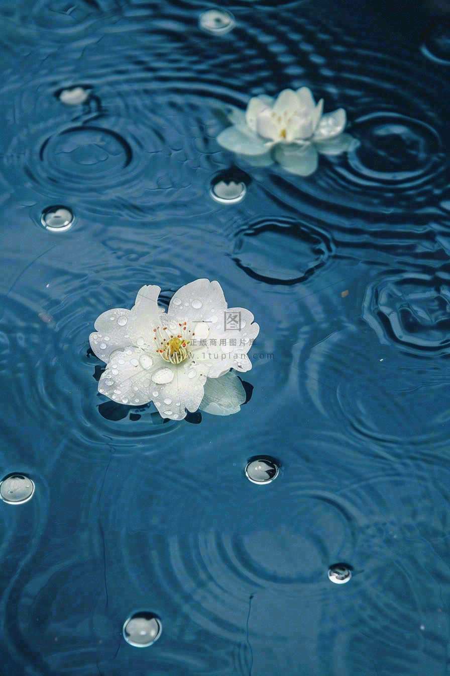 下雨天掉落在蓝色水面的白色花朵清新淡雅雨水处暑寒露摄影图