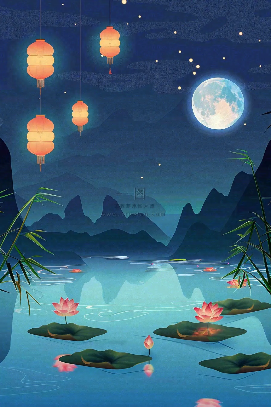 月圆之夜湖面莲花灯祈福星空中秋中元节插画背景