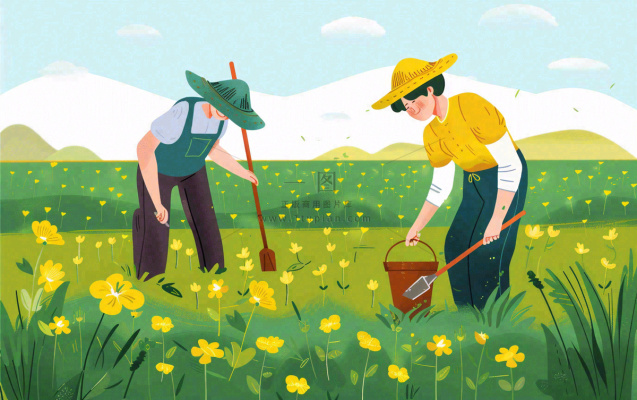 春天一家人在种花植树花丛浇水小满卡通插画背景