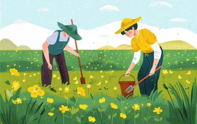 春天一家人在种花植树花丛浇水小满卡通插画背景