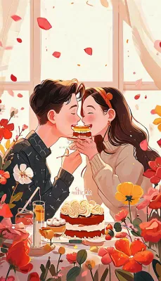 情人节情侣浪漫圣诞节日温馨生日会,插画手绘,居家餐厅美食 情人节情侣浪漫圣诞节日温馨生日会,插画手绘,居家餐厅美食