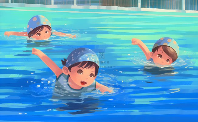 游泳池游泳儿童学生们玩乐蓝色卡通插画背景