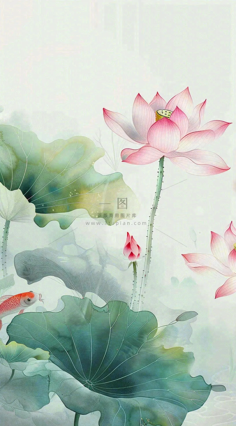 夏天荷花荷叶清凉小清新淡雅小暑大暑处暑插画背景
