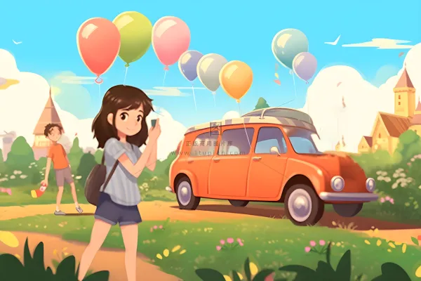 开车旅游草原花草人物卡通插画背景 开车旅游草原花草人物卡通插画背景