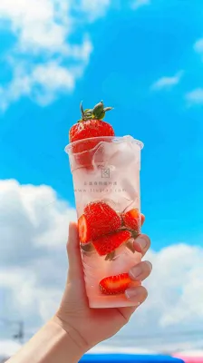 夏天阳光蓝天白云草莓饮料饮品果汁，清新摄影图