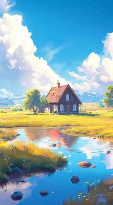 蓝天草坪上小屋房子在河流旁，河面倒影