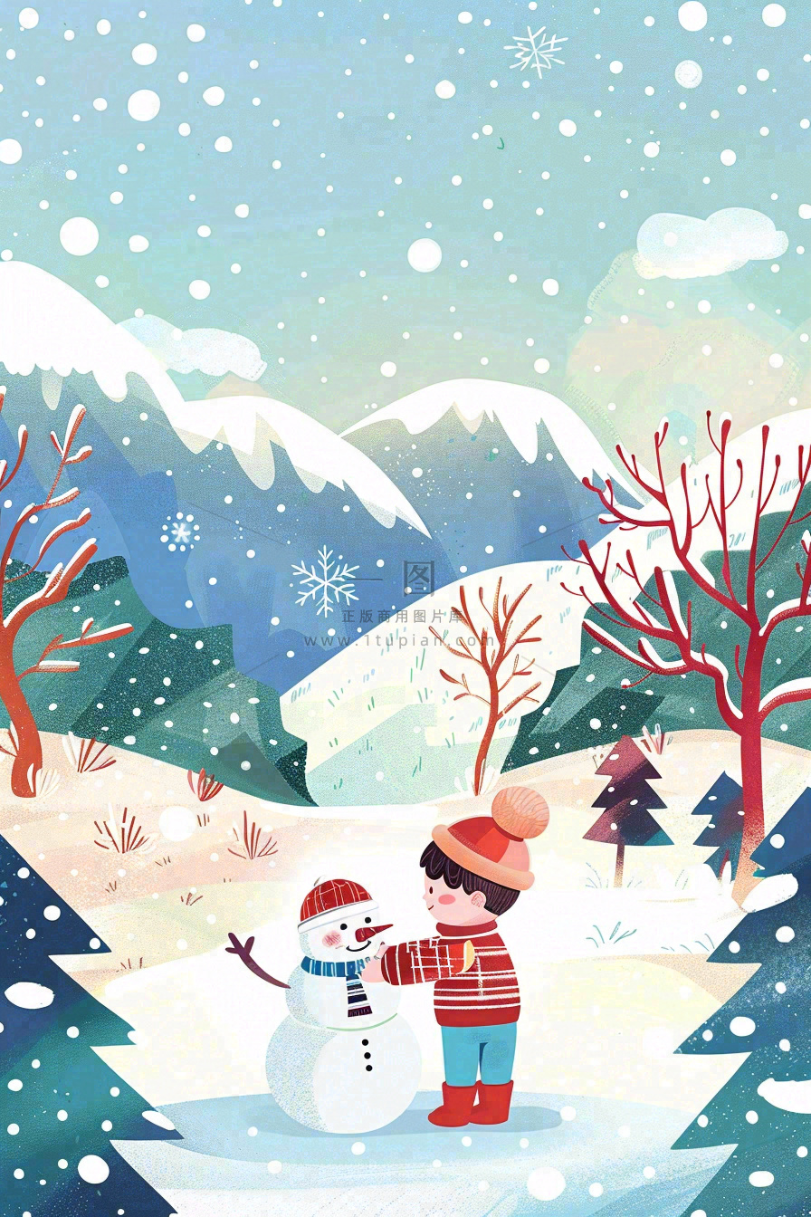 冬天大雪纷飞堆雪人寒冷立冬小雪冬至卡通插画背景