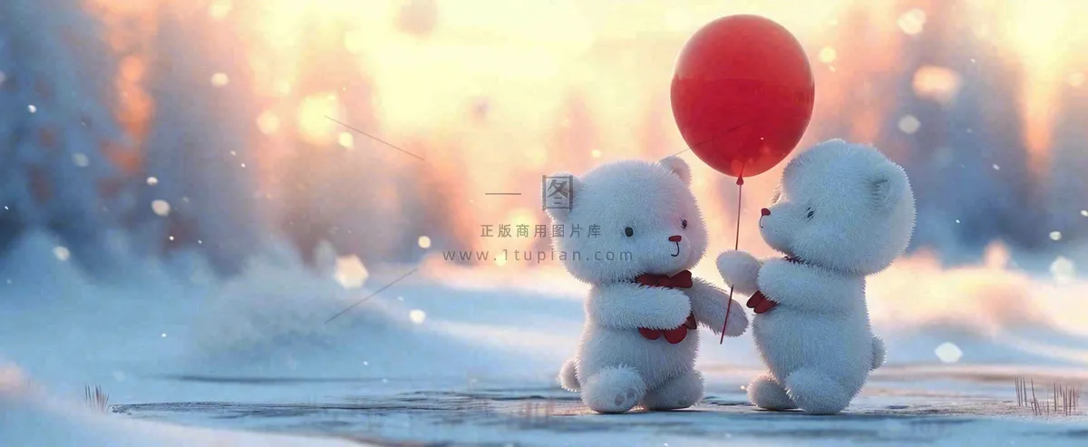 冬天雪地落日下爱情小熊，浪漫雪花情人节520爱情气球摄影图