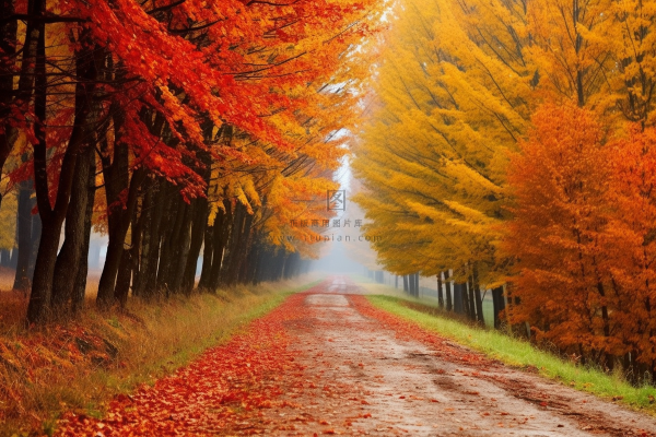 秋天公路边的枫树和银杏树落叶摄影图