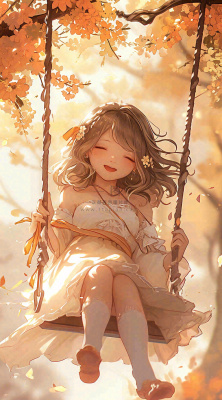 秋天落叶季节少女玩耍荡秋千,秋分儿童 秋天落叶季节少女玩耍荡秋千,秋分儿童