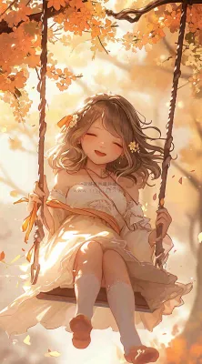 秋天落叶季节少女玩耍荡秋千,秋分儿童 秋天落叶季节少女玩耍荡秋千,秋分儿童