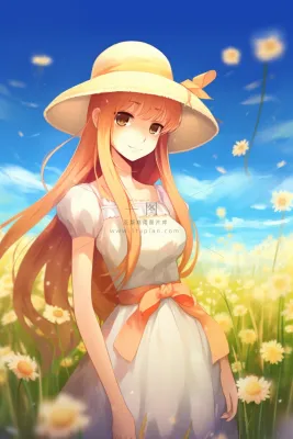 戴着帽子的美丽少女在花丛里卡通插画素材