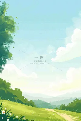 春日郊游草坪小路小花踏青手绘插画，立春春分