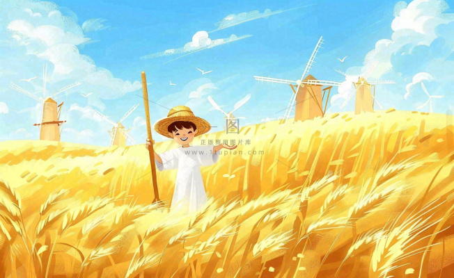 金秋秋天丰收麦田风车男孩人物小麦稻穗立秋秋分处暑芒种卡通插画背景