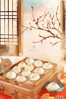 古风插画美食饺子包子梅花古风窗户冬至插画背景 古风插画美食饺子包子梅花古风窗户冬至插画背景