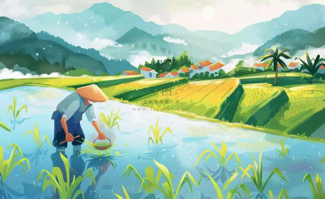 水彩手绘谷雨农夫插秧小满芒种蓝色清新背景插画