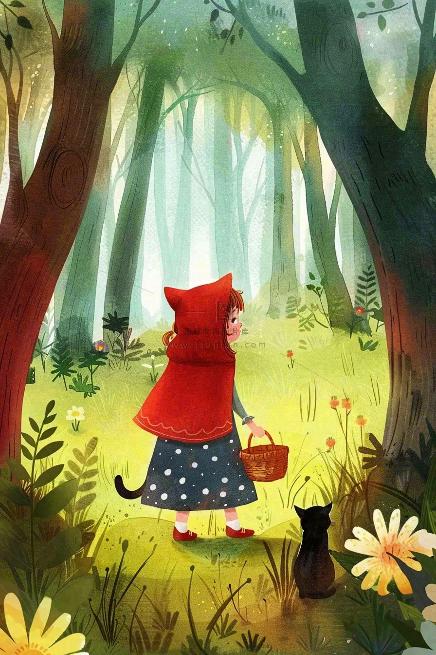小红帽森林采蘑菇猫咪可爱童话儿童节卡通插画背景