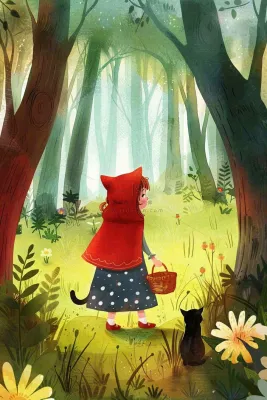 小红帽森林采蘑菇猫咪可爱童话儿童节卡通插画背景 小红帽森林采蘑菇猫咪可爱童话儿童节卡通插画背景