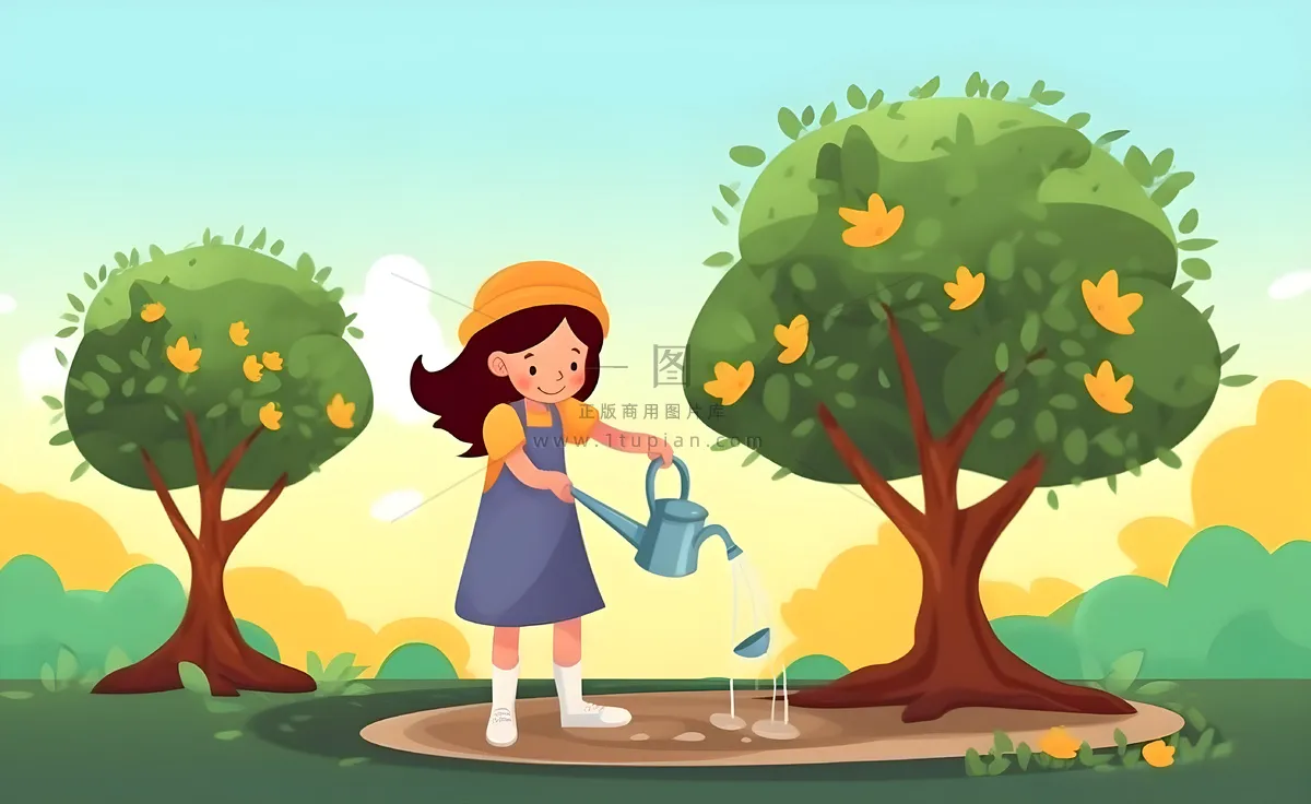 植树小女孩给树浇水大自然插画海报素材背景