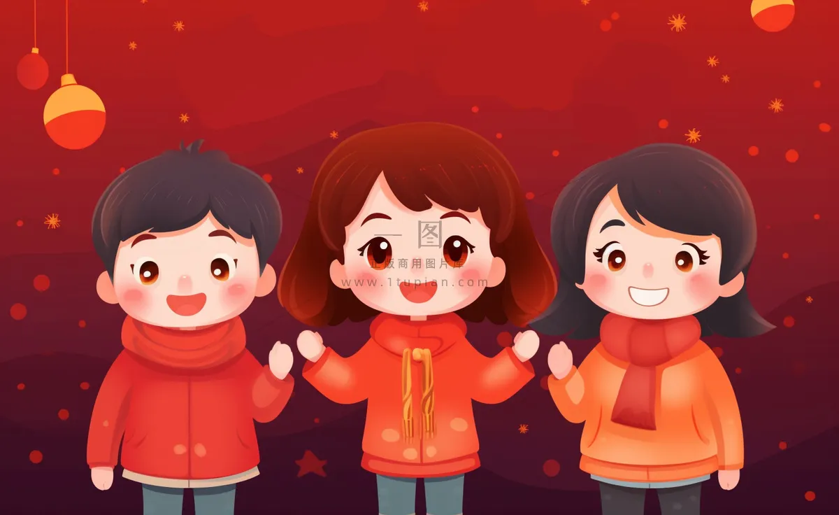 新年张灯结彩孩子们玩乐喜庆红色氛围庆祝卡通插画背景