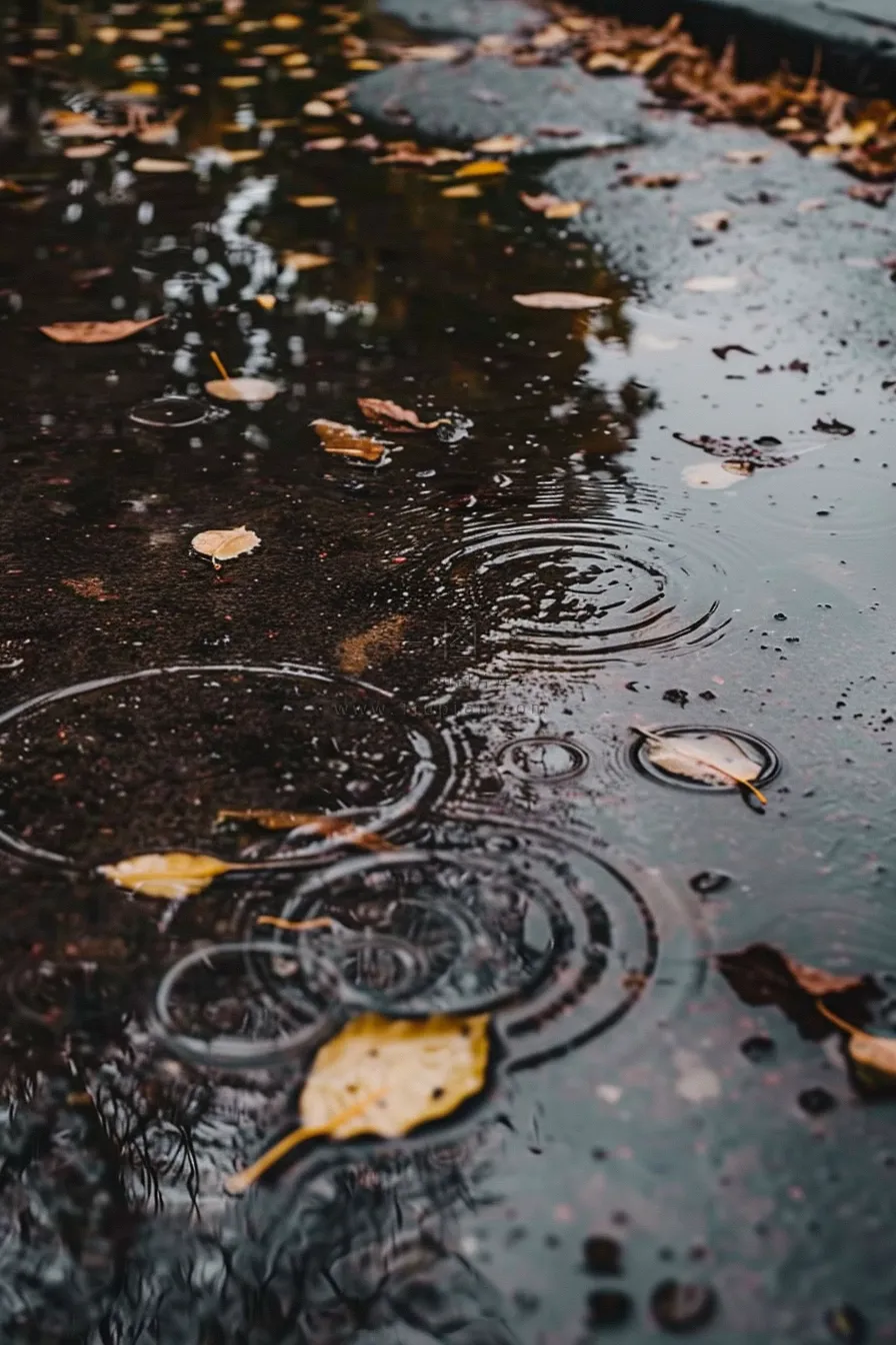 金秋下雨天的路面水洼落叶摄影图